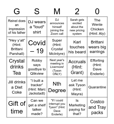 Global Sales Meeting 2020 Bingo Card