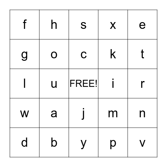 Lower Case Alphabet Bingo Card