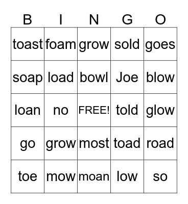 One Grain of Rice: long o (o, oa, oe, ow) Bingo Card