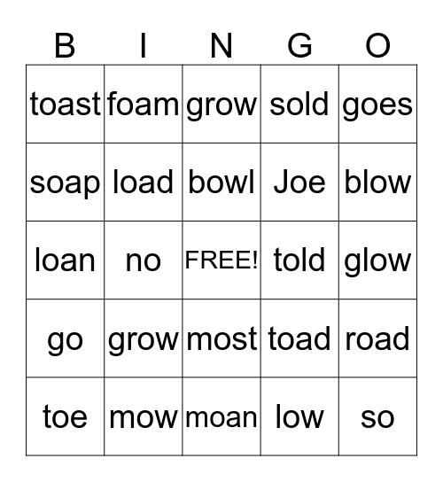 One Grain of Rice: long o (o, oa, oe, ow) Bingo Card