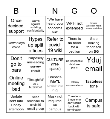 COVID UPDATE BINGO Card