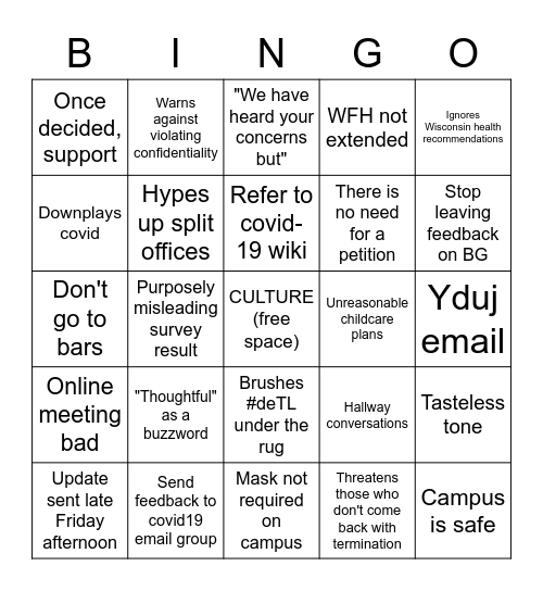 COVID UPDATE BINGO Card