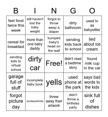 Shitty Mom Bingo Card