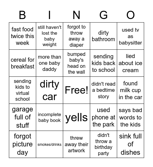 Shitty Mom Bingo Card