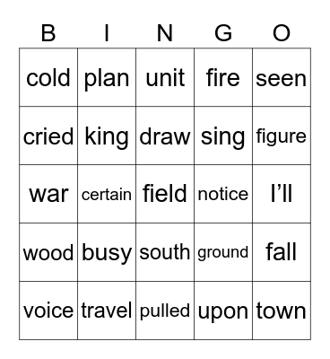 Fry 376-400 Bingo Card