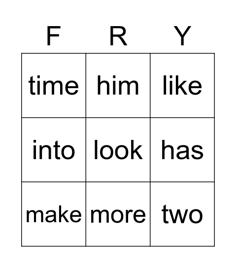 Fry 64-72 Bingo Card
