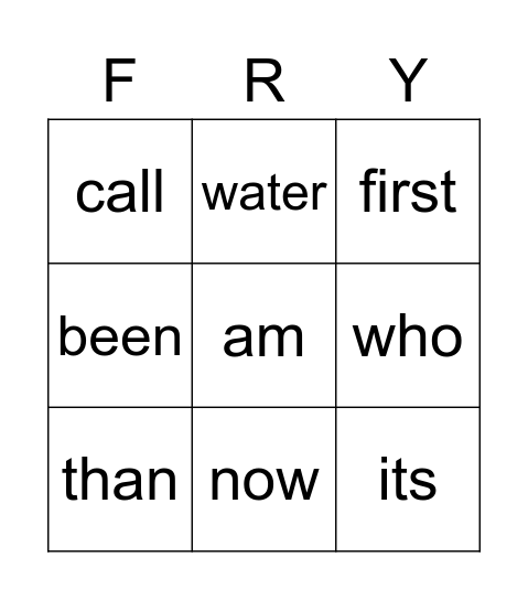 Fry 82-90 Bingo Card