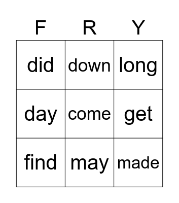 Fry 91-99 Bingo Card