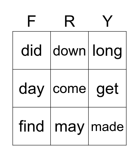 Fry 91-99 Bingo Card