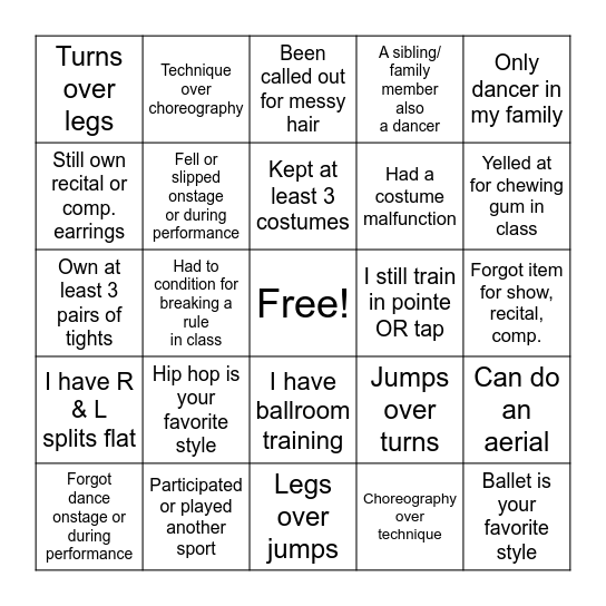 Advanced/ Company Dance Bingo Card