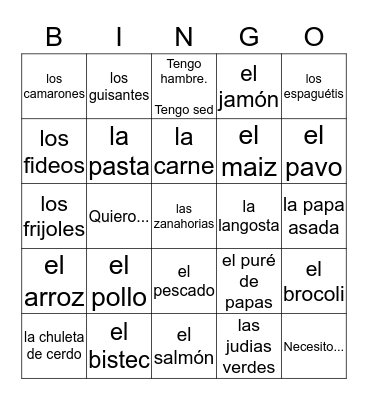 Para la cena Bingo Card