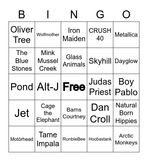 Snortle's Music Tastes Bingo Card