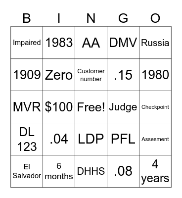 DWI Laws Bingo Card