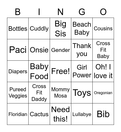 Elysha's Baby Shower Bingo Card