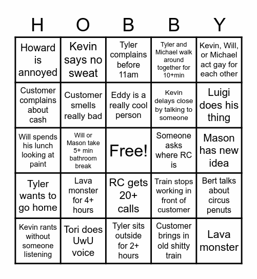 Hobbytown Bingo Card