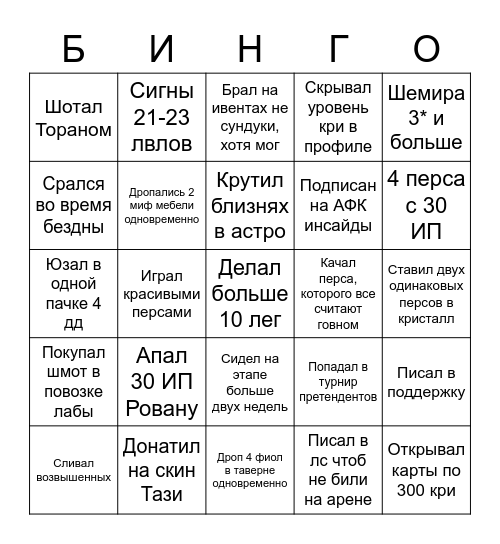 AFK Арена Bingo Card