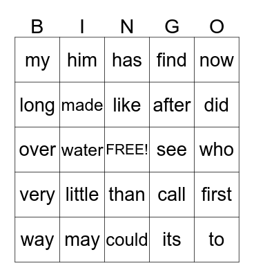 Sight words List C Bingo Card