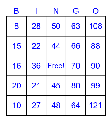 Multiplication Facts Bingo Card