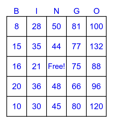 Multiplication Facts Bingo Card