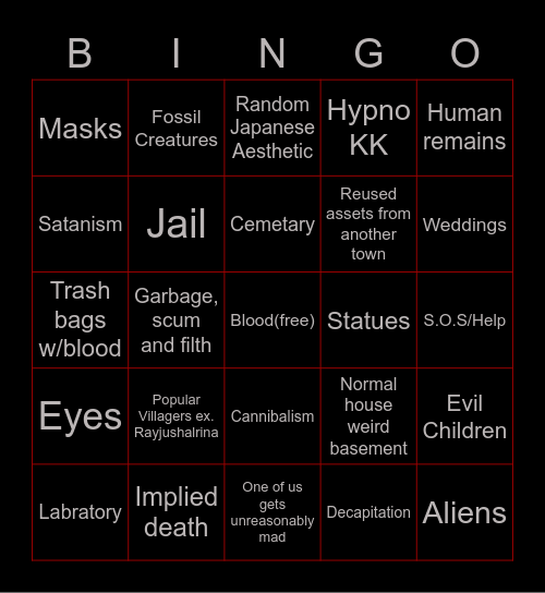 Animal Crossing Horror Bingo Card