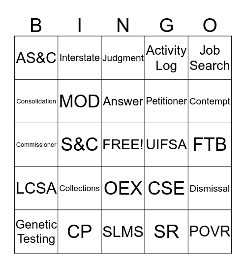 Child Support Bingo Card