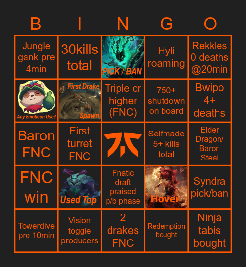 FNC vs G2 Bingo Card