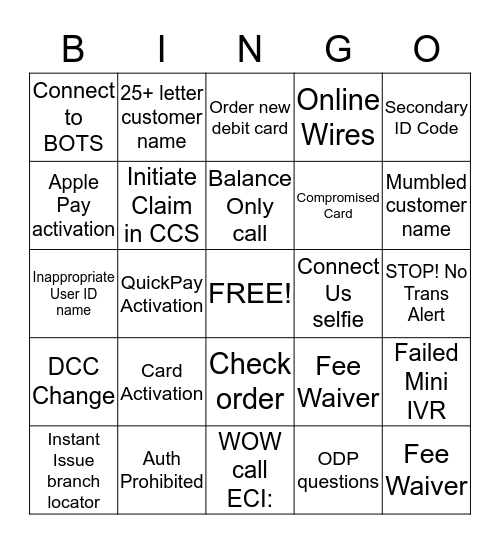 TBC Bingo Card