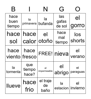 Spanish Bingo Card