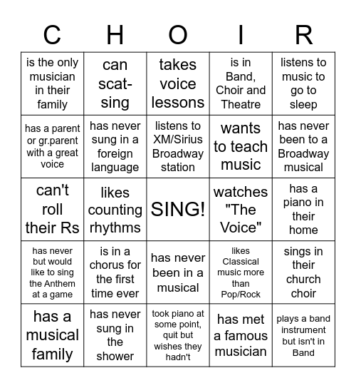 Know your Choir family?! Find someone who... Bingo Card