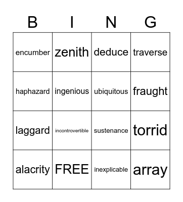 Vocabulary Bingo Card