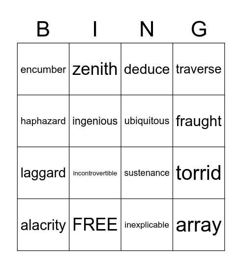 Vocabulary Bingo Card