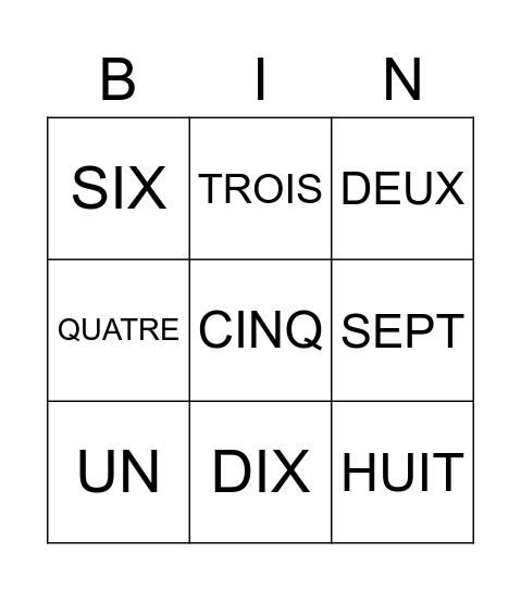 FRENCH NUMBERS, French Number Bingo Card