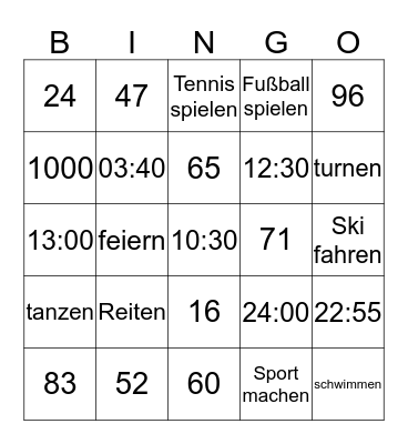 Uhrzeitenhobbyzahlen Bingo Card