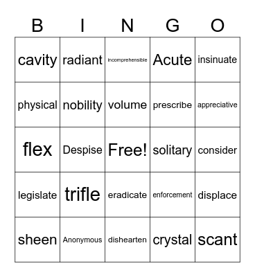 Vocabulary Bingo Card