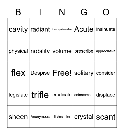 Vocabulary Bingo Card