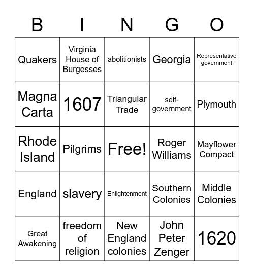 Colonial Era Bingo Card