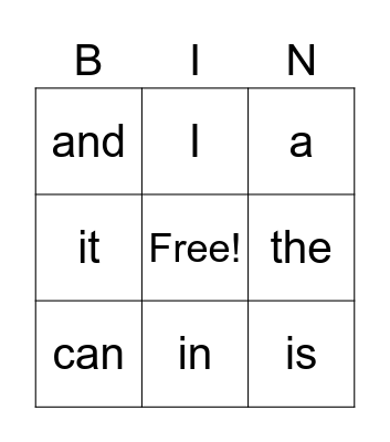 Sight Words Bingo Card