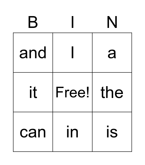 Sight Words Bingo Card