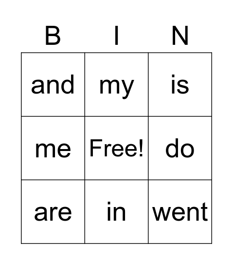 Sight Words Bingo Card