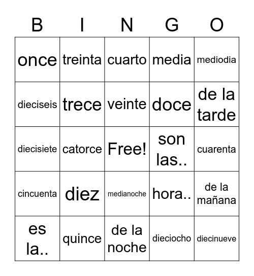 Spanish Words Bingo Card