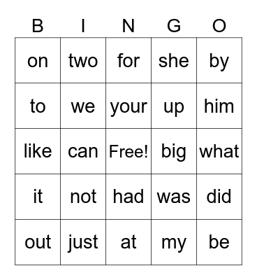 Sight Words Bingo Card
