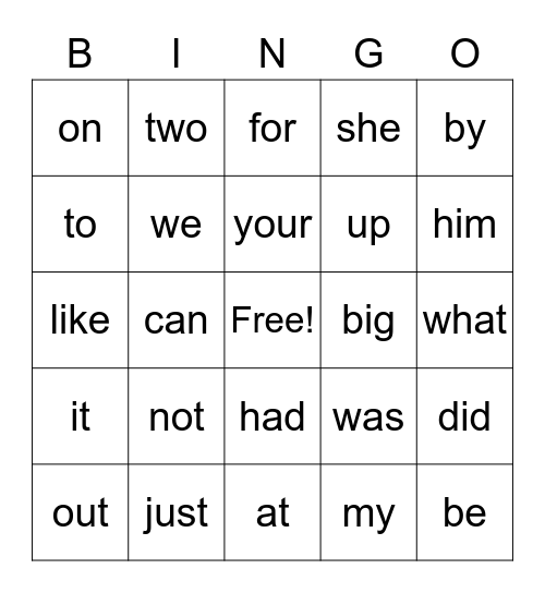 Sight Words Bingo Card