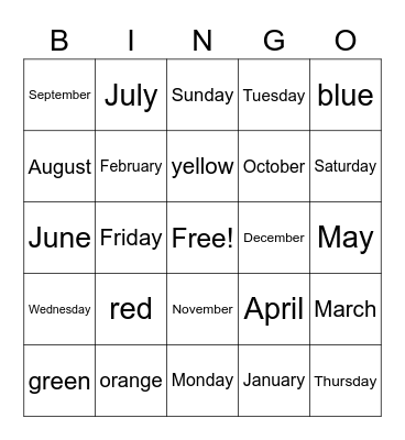 Calendar and Colors Bingo Card