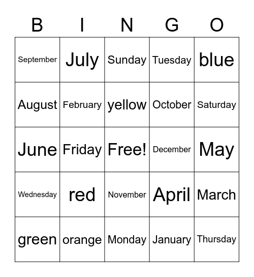 Calendar and Colors Bingo Card