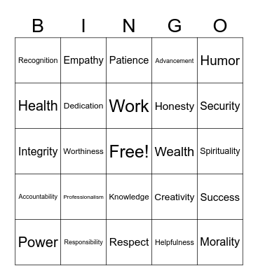 Values Bingo Card