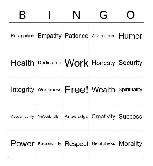 Values Bingo Card