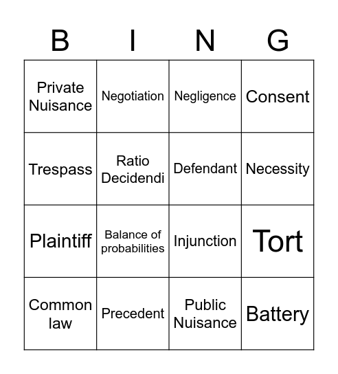 Civil Law Bingo Card