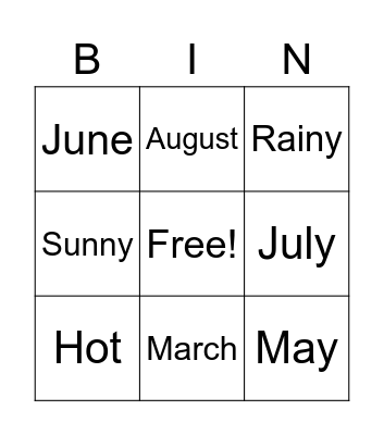 Weather and Calendar Bingo Card