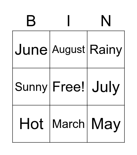 Weather and Calendar Bingo Card