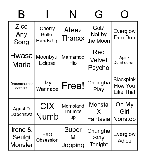 Kpop Bingo Card